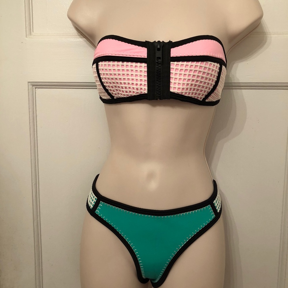 Pink, Turquoise, Black, & White Neoprene Swimsuit